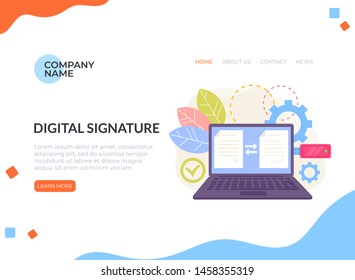 Digital signature electronic document management web banner loading page concept. Vector flat graphic design isolated illustration icon