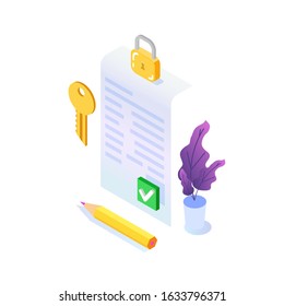 Digital signature, Electronic Smart contract.  Isometric Vector illustration.  Can use for web template.