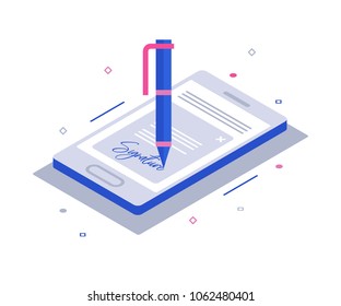 Digital signature. Flat 3d web isometric contract signature infographic concept vector