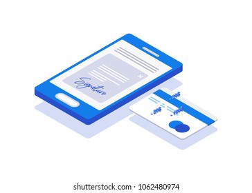 Digital signature. Flat 3d web isometric contract signature infographic concept vector