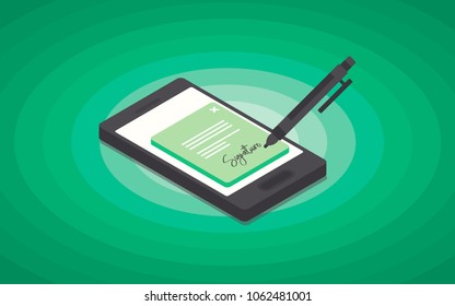 Digital signature. Flat 3d web isometric contract signature infographic concept vector