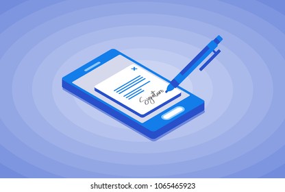 Digital Signature. Flat 3d Web Isometric Contract Signature Infographic Concept Vector