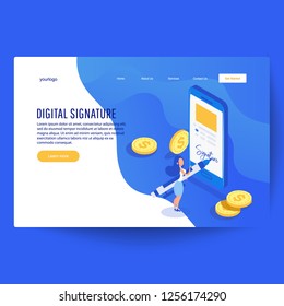 Digital signature. Flat 3d web isometric contract signature concept with  little woman signs a document, isometric money