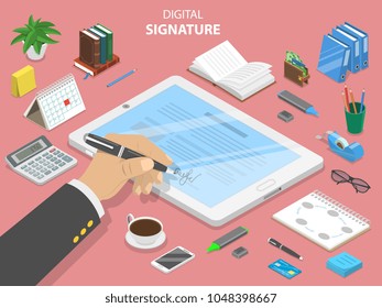 Digital signature flat isometric vector concept. A mans hand is signing a contract on the digital tablet.