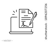 digital signature icon, e document form, electronic device for contract or agreement, thin line symbol on white background - editable stroke vector illustration eps10
