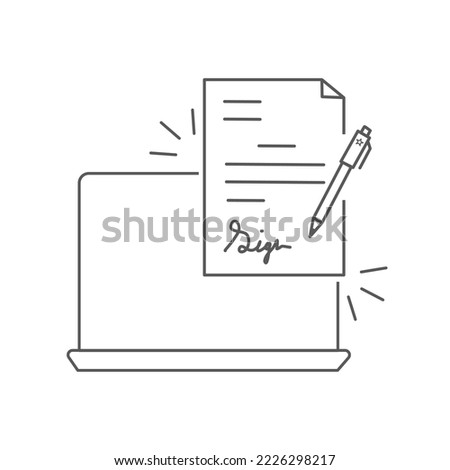 digital signature icon, e document form, electronic device for contract or agreement, thin line symbol on white background - editable stroke vector illustration eps10.