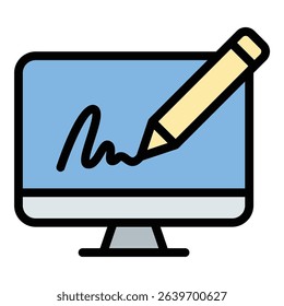 Digital signature icon flat line style illustration representing secure electronic authentication, suitable for legal, business, and cybersecurity-related projects