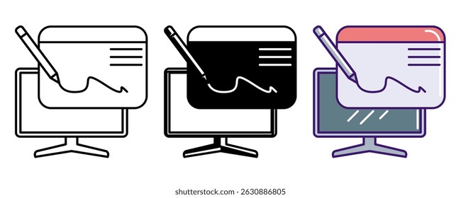 Digital Signature icon represented by sign, pen, monitor Line, Filled, Color style.