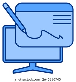 Digital Signature icon represented by sign, pen, monitor Blue style.