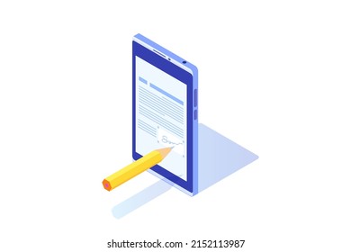 Digital Signature Isometric, Electronic Smart Contract. Vector Illustration