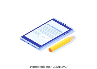 Digital signature isometric, Electronic Smart contract. Vector illustration
