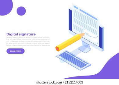 Digital signature isometric, Electronic Smart contract. Vector illustration