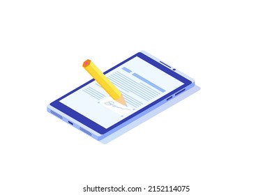 Digital signature isometric, Electronic Smart contract. Vector illustration