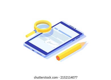 Digital signature isometric, Electronic Smart contract. Vector illustration