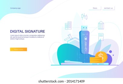 Digital Signature Landing Page Design, Website Banner Template, Flat Vector Illustration. Usb Key Token And Smartphone With Pen And Money. Digital Document Signing.