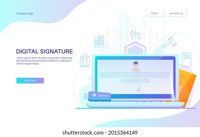 Digital signature landing page design, website banner template, flat vector illustration. Electronic document on laptop computer screen. Smart card and usb key token.