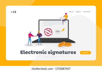 Digital Signature Landing Page Template Tiny Characters at Huge Laptop with Document and Stamp on Screen. Businessmen Shaking Hand, Woman with Papers Sitting on Top. Cartoon People Vector Illustration