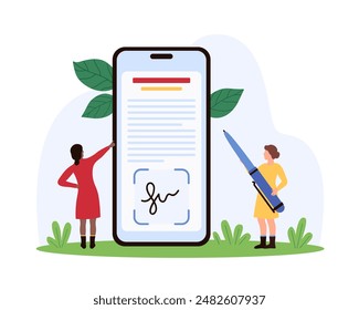 Digital signature, license verification in mobile app. Tiny people sign electronic document on smartphone screen with pen to approve online agreement, contract or deal cartoon vector illustration