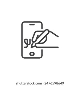 Symbol für digitale Signaturzeile. Lineares Stilzeichen für mobiles Konzept und Webdesign. Handsignierung auf dem Smartphone-Display mit einem Digitalstift-Umriss-Vektorgrafik-Symbol. Symbol, Logo-Darstellung. Vektorgrafik-Grafiken