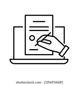 Firma digital en documento electrónico, icono de línea. Firma de acuerdos en línea, contrato a distancia en bloc de notas. Ilustración del vector