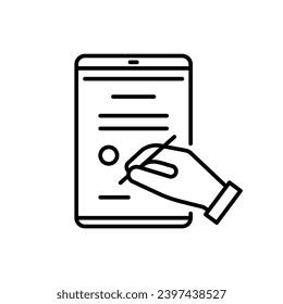Digital signature on electronic document, line icon. Online agreement signing, distance contract on tablet. Vector illustration