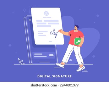 Digital signature on mobile smartphone app for electronic agreement. Flat vector illustration of happy man standing near big mobile phone and signing an online form or a contract using mobile app 