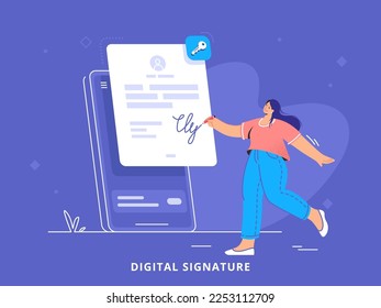 Firma digital en la aplicación móvil para smartphone para acuerdo electrónico. Ilustración vectorial plana de una mujer feliz parada cerca de un gran teléfono móvil y firmando un formulario en línea o un contrato usando una aplicación móvil 