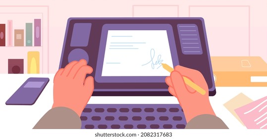 Digital signature on screen. Man signs document, agreement or contract. Electronic sign in bank or office, modern technologies vector concept