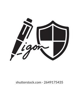 Assinatura digital em um escudo representando segurança e proteção de documentos Um ícone de vetor para um contrato seguro e autenticação de assinatura eletrônica verificada