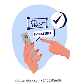 Digital signature on smartphone. Vector illustration flat design. Businesswoman hands holding a phone for signature. Modern technology business.