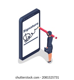 Digital signature on smartphone.Vector illustration isometric 3D design. Businesswoman hands holding a phone for signature.Modern technology business.