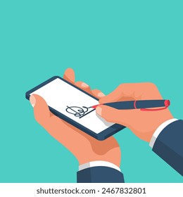 Digital signature on smartphone.Vector illustration isometric 3D design.Businessman hands holding a phone for signature.Modern technology business.