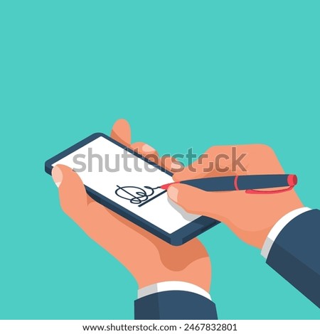 Digital signature on smartphone.Vector illustration isometric 3D design.Businessman hands holding a phone for signature.Modern technology business.