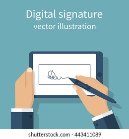 Digital signature on tablet. Vector illustration flat design. Businessman hands holding a tablet for signature. Modern technology business.