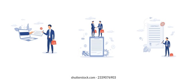 Digital signature, people standing on a signed contract, Businessman signing a contract , set flat vector modern illustration