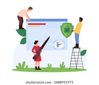 Digital signature security, personal data protection. Tiny people sign electronic document with pen, holding shield to protect online agreement, transaction or contract cartoon vector illustration