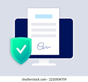 Digital signature. Signing document procedure online. Electronic technology in business, financial and law. Protection of personal information. Accept terms and conditions, license vector illustration