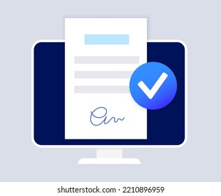 Digital signature. Signing document procedure online. Electronic technology in business, financial and law. Protection of personal information. Accept terms and conditions, license vector illustration