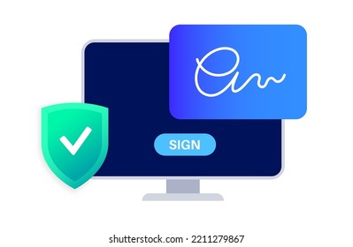 Digital signature. Signing document procedure online. Electronic technology in business, financial and law. Protection of personal information. Accept terms and conditions, license vector illustration