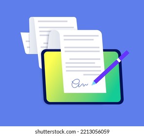 Digital signature. Signing document procedure online on tablet. Electronic technology in business, financial, law. Protection of information. Accept terms and conditions. License vector illustration