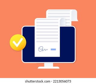 Digital signature. Signing document procedure online. Electronic technology in business, financial and law. Protection of personal information. Accept terms and conditions, license vector illustration