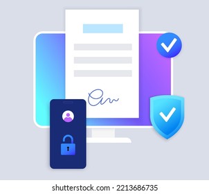 Digital signature. Signing document procedure online. Electronic technology in business, financial and law. Protection of personal information. Accept terms and conditions, license vector illustration