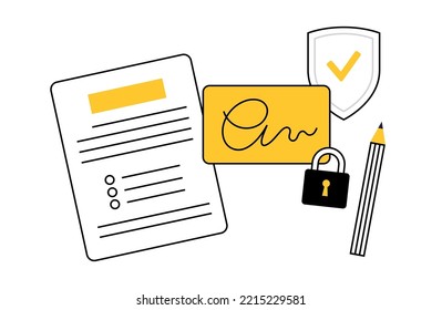 Digital signature. Signing document procedure. Electronic technology in business, financial law. Protection of personal information. Accept terms and conditions. License flat vector illustration