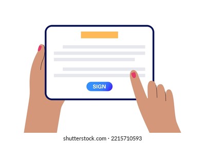 Digital signature. Signing document procedure online on tablet. Electronic technology in business, financial, law. Protection of information. Accept terms and conditions. License vector illustration