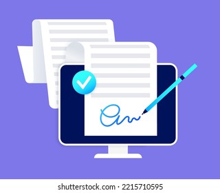 Digital signature. Signing document procedure online. Electronic technology in business, financial and law. Protection of personal information. Accept terms and conditions, license vector illustration