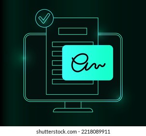 Digital signature. Signing document procedure online. Electronic technology in business, financial and law. Protection of personal information. Accept terms and conditions, license vector illustration