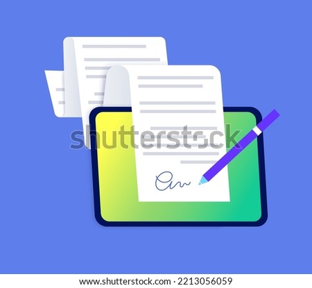 Digital signature. Signing document procedure online on tablet. Electronic technology in business, financial, law. Protection of information. Accept terms and conditions. License vector illustration