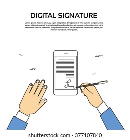 Digital Signature Smart Cell Phone Businessman Hands Sign Up Vector Illustration
