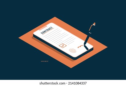 Digital signature and smart contract agreement concept, Isometric smartphone with pencil signing document. Successful completion of business tasks vector illustration