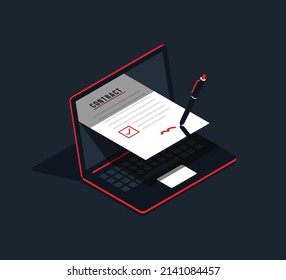 Digital signature and smart contract agreement concept, Isometric laptop  with pencil signing document. Successful completion of business tasks vector illustration